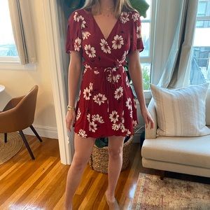 Red floral Reformation wrap mini dress